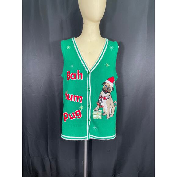 Bah Hum Pug, Ugly Christmas Vest, Adorable Pug Wearing a Santa Hat Button Up - Picture 1 of 8